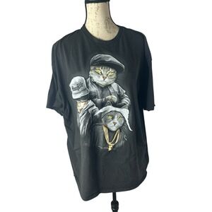 ODM Men T-Shirt 2XL Black Cat Trio Hug Life Thug Gangster Graphic‎ Crew Neck